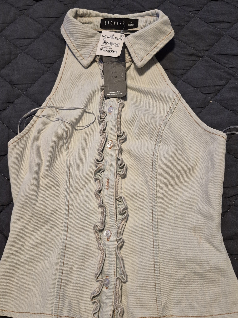 Lioness Light Wash Denim Halter Top with Ruffle Placket